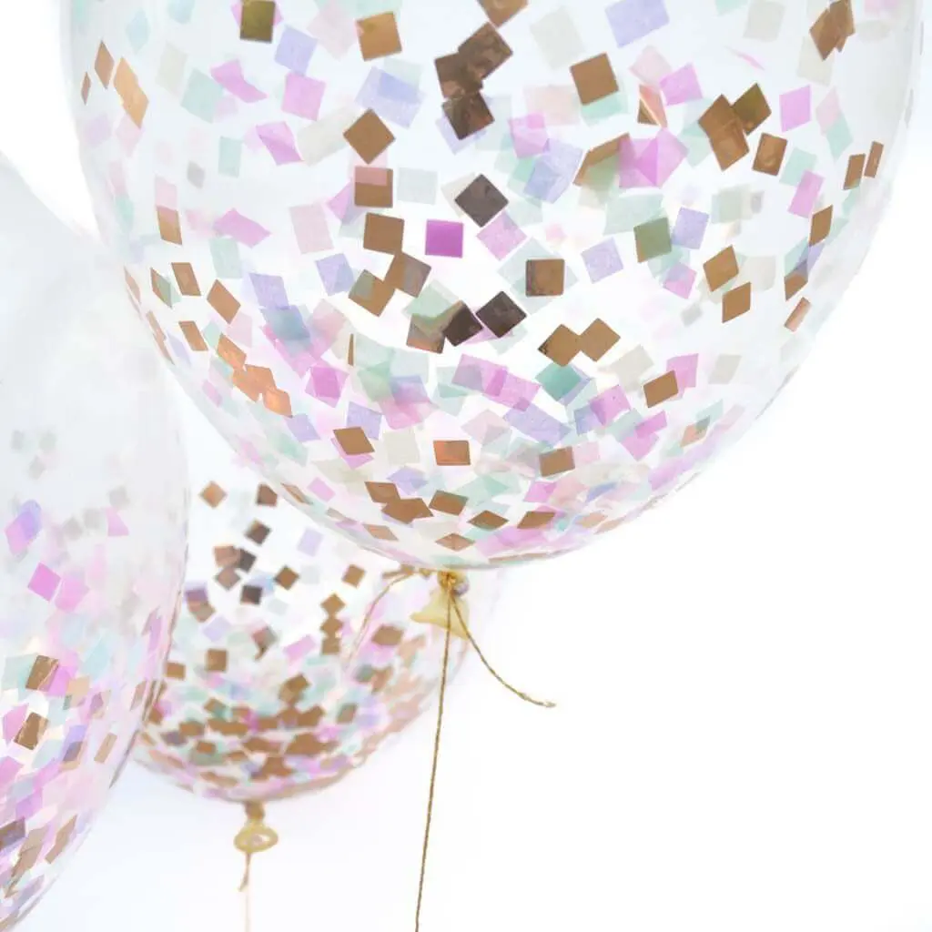 Purple, Gold, and Blue confetti balloons for a birthday party, with personalized confetti balloons.