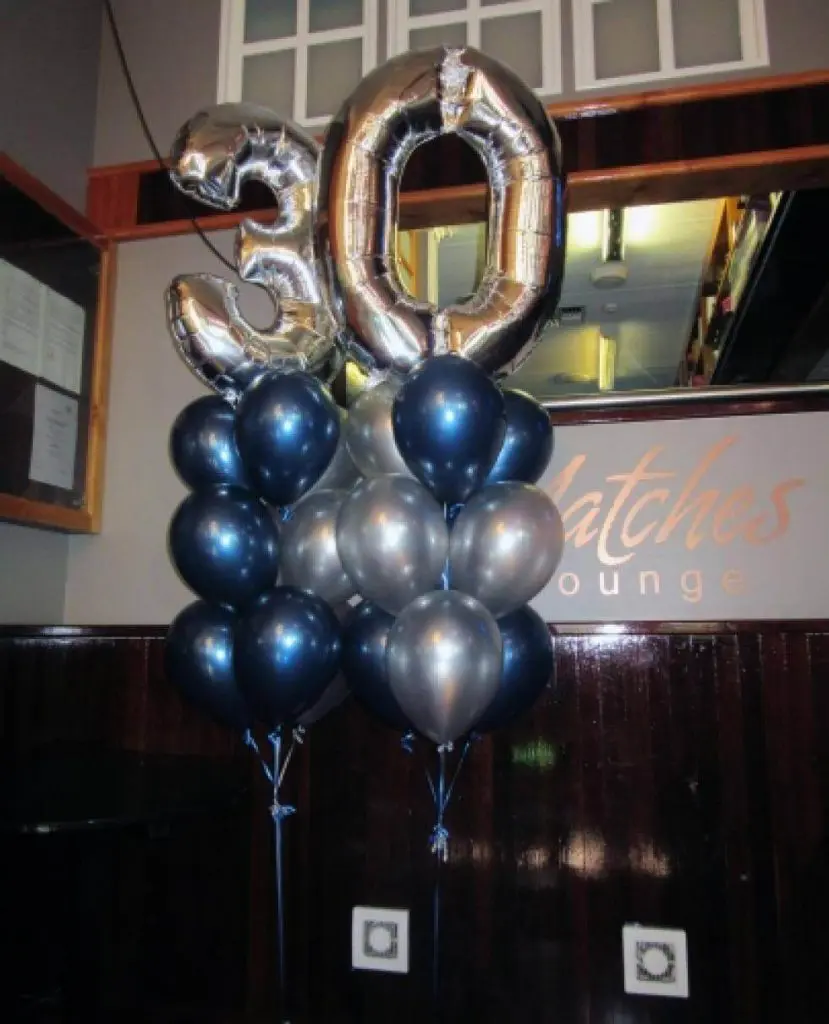 Number 30 silver big balloon with blue and silver latex balloons bouquet