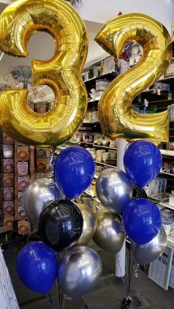 Blue, Gold and Black latex balloons with Big 3 and Big 2 Golden Number Balloon