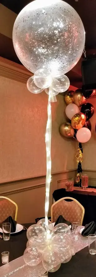 Round jumbo LED clear personalized balloons in pink, gold, black, silver, and chrome gold with a retro theme