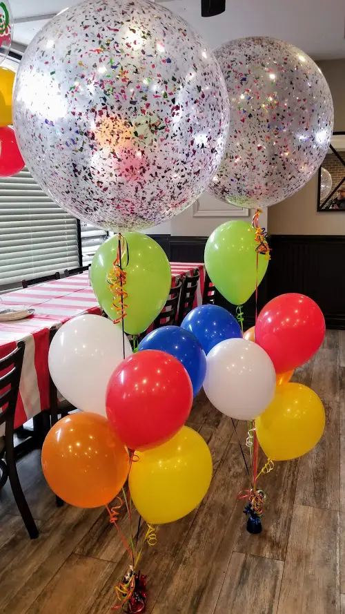 Multi color confetti balloons with green, orange, white, yellow, blue, and red balloon