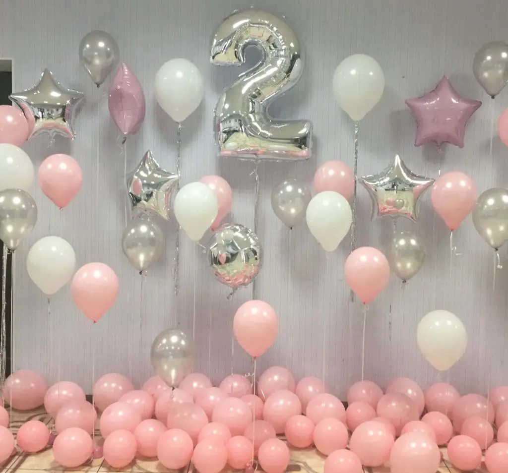 2nd birthday balloons for girl with pink white and silver latex balloons