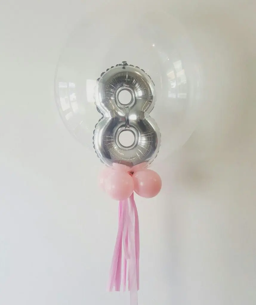 Silver pink and white latex silver balloon in bubble balloon with pink latex and tassel With number 8 in Silver for Birthday Party