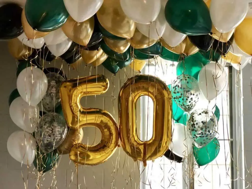 pearlized white chrome gold latex green confetti balloons 50th birthday