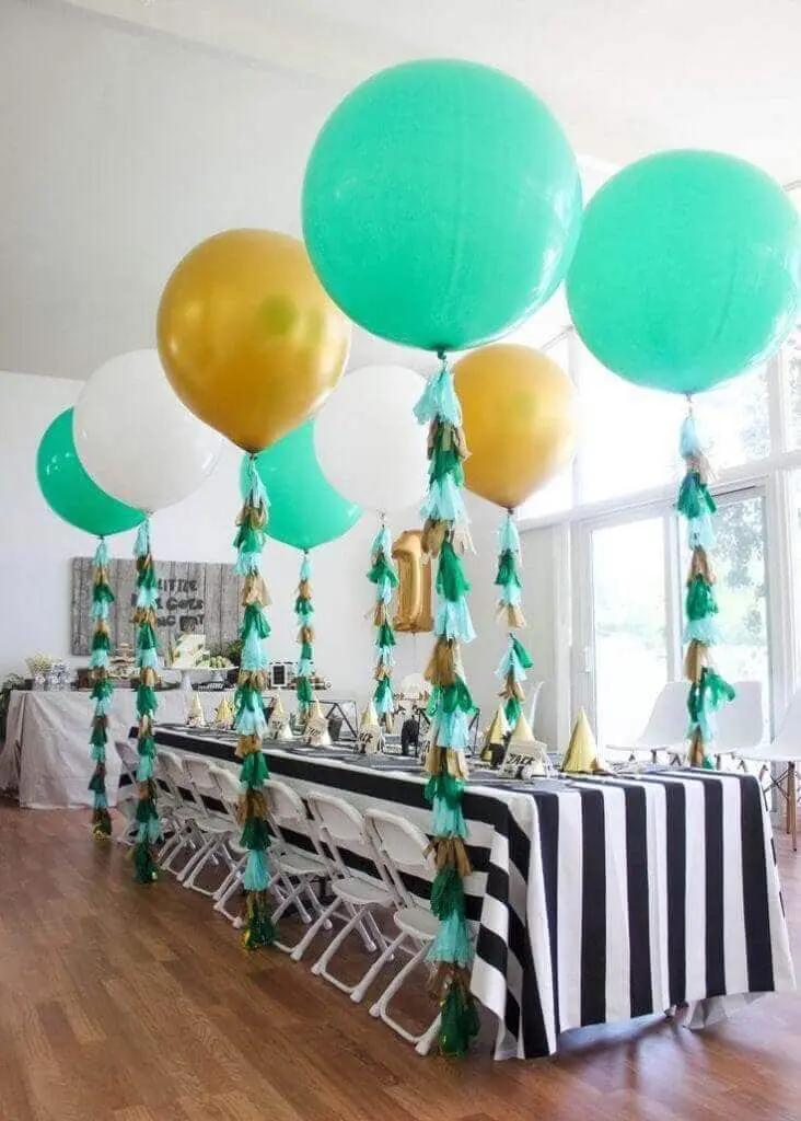 Mint green white gold latex balloons with the same color tassels