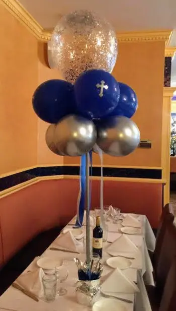 Boy Communion and Wedding Balloon Centerpieces in Chrome Silver, White, and Dark Blue Latex Balloons