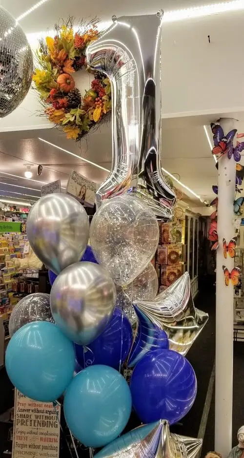 Silver Blue and Azure balloons for first birthday with latex and mylar balloons and Number