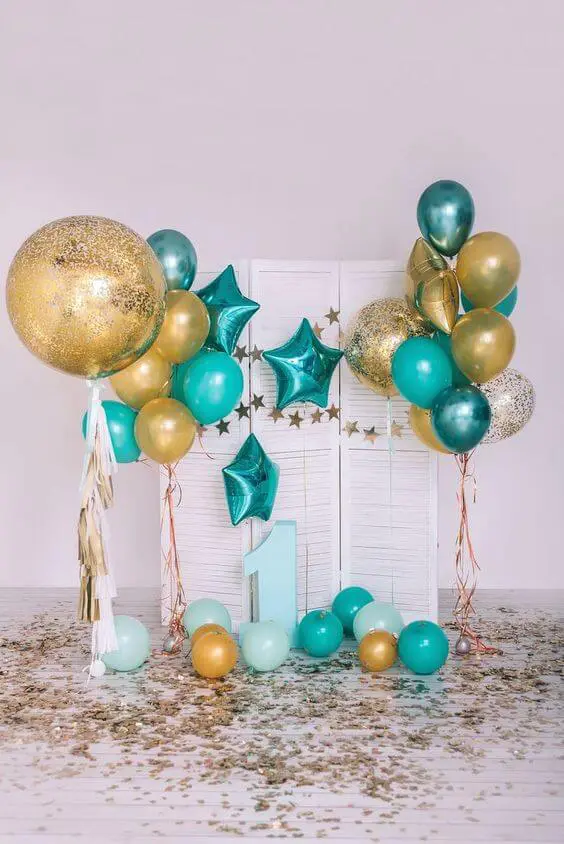 Dark green, mint green, chrome gold, and confetti balloons on a pole, perfect for any special event