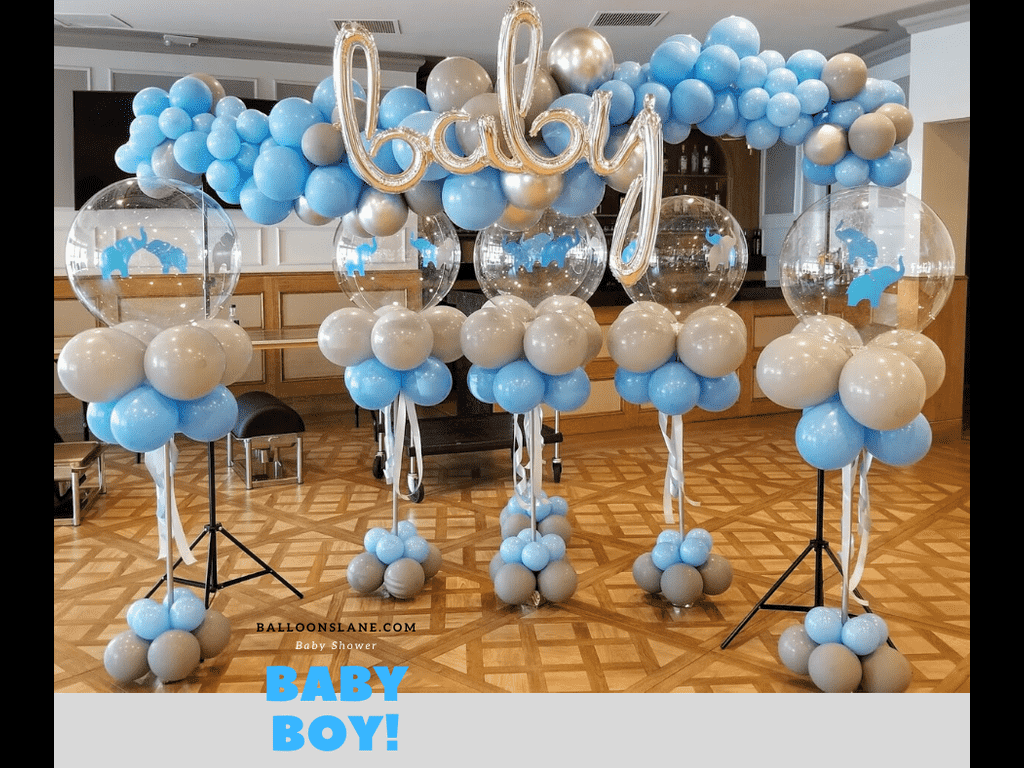 Blue and Silver Elephant Theme Baby Shower Balloon Arch by Balloons Lane