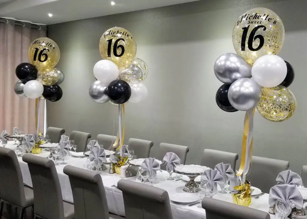 Sweet 16 with Numbers Balloon with Gold, Black, Silver, and White balloon in Brooklyn
