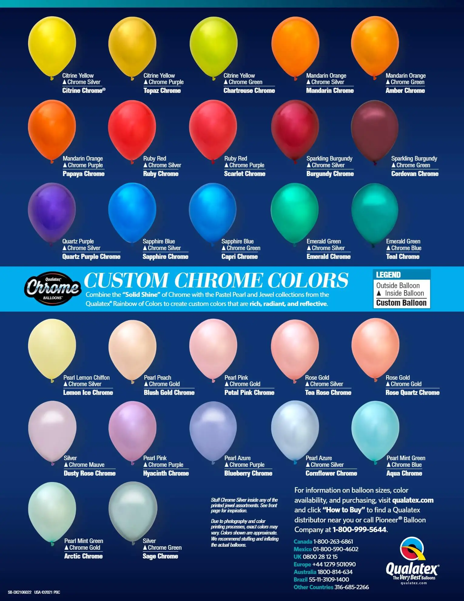 A color chart displaying various shades of latex balloons, with color swatches and custom chrome colors.