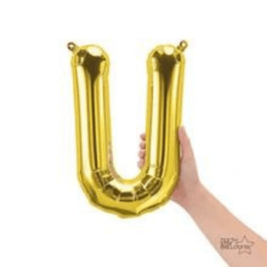 Shimmering gold foil letter U air-filled balloon for weddings, birthdays, & engagement.