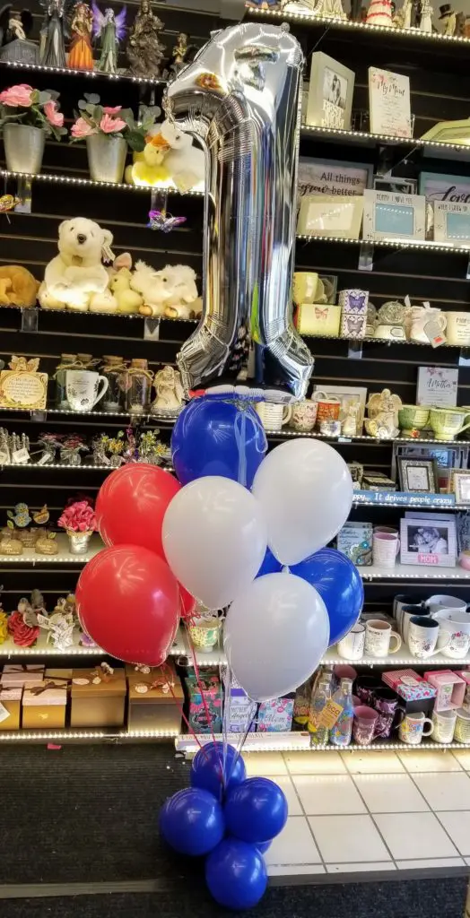balloon bouquet in Chrome Blue, White, Red, and Silver colors, featuring Number 1 in Silver