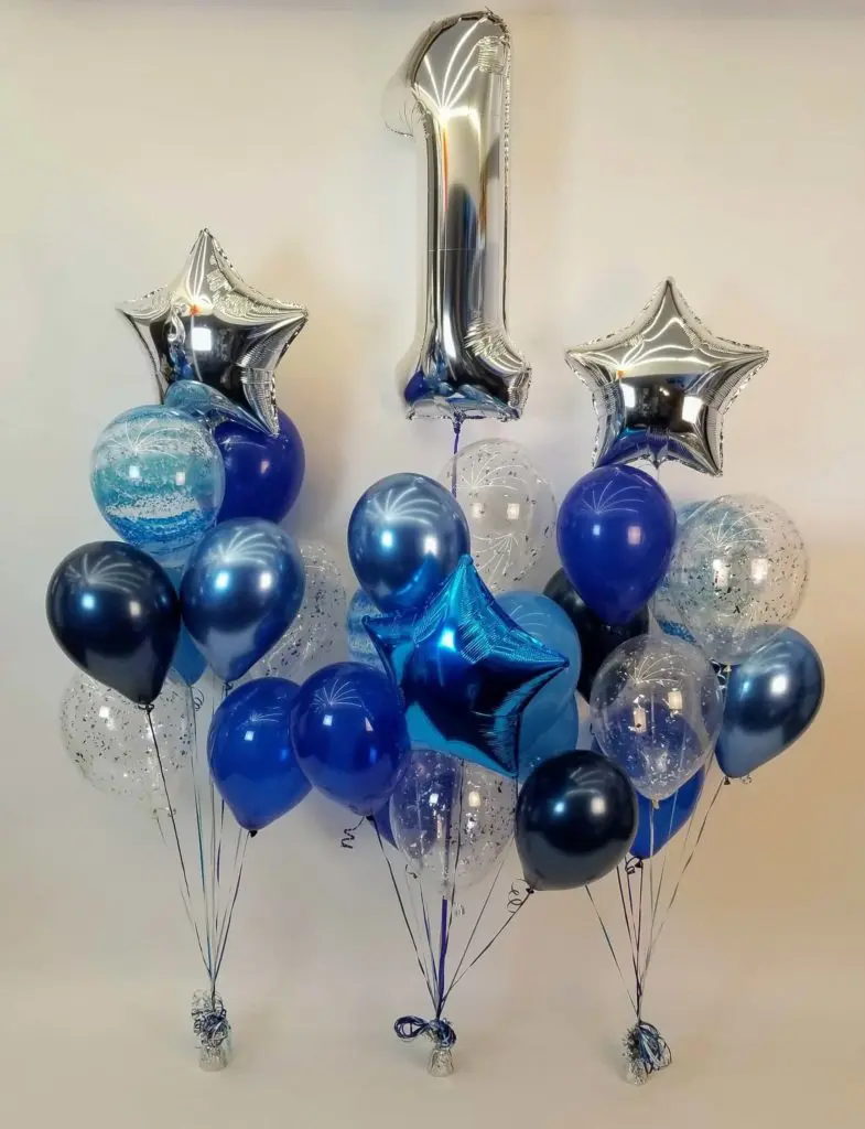 Chrome Blue, Navy Blue, Dark Blue, and Silver balloon decorations with Star Balloons in Dark blue, Number 1 in Silver Balloons Centerpiece for first birthday balloon decoration in New Jersey.