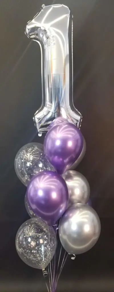 Balloons Lane uses colors Chrome Silver and Chrome Purple Chrome balloons With Number Balloons 1 in Silver Balloons Column for balloon decoration ideas for first birthday