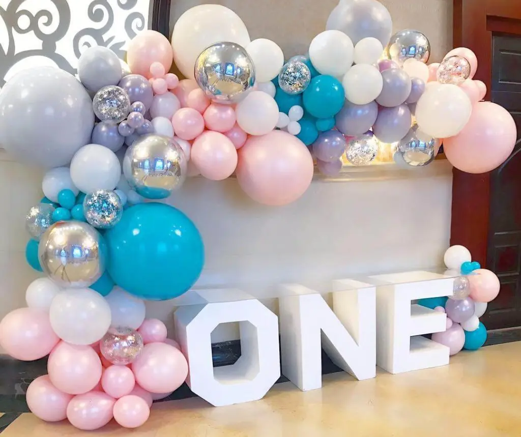 Pink, Silver, Blue, Lavender, and White Confetti Latex Balloons are Perfect for Baby's First Birthday Celebration