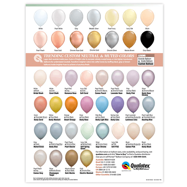 Color guide for latex balloon featuring a variety of trending custom natural and mute colors