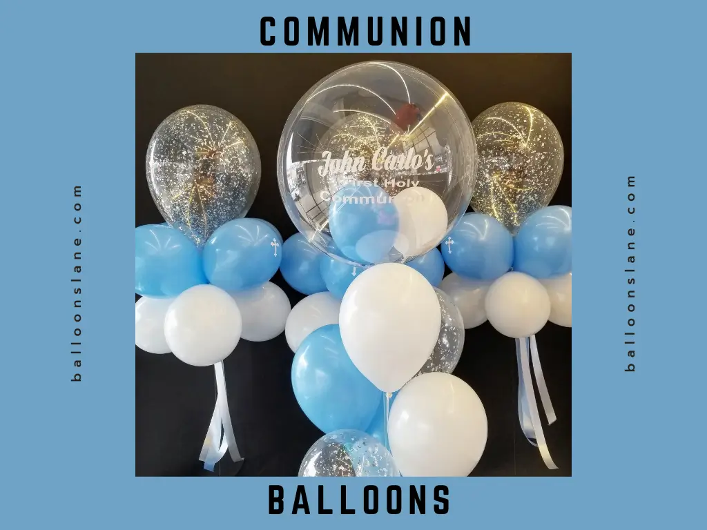 Communion balloons in white, light blue, and confetti, as well as a customized clear big balloon, available for delivery in Brooklyn by Lane Balloon