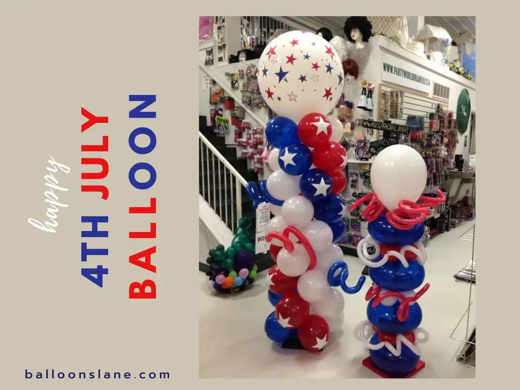 A large white round Happy 4th July Balloon customized for 4th of July, in red and blue colors, by Balloons Lane