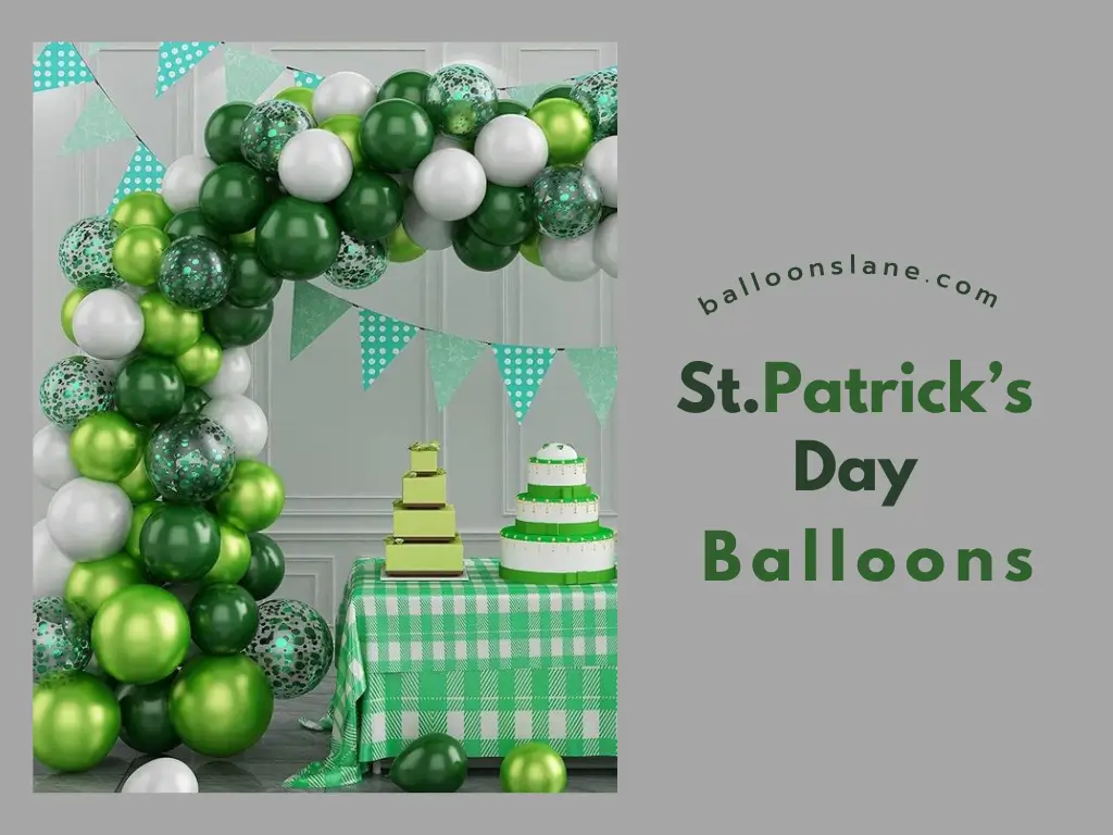 A Patrick's Day balloons in light green, dark green, silver, and with confetti.