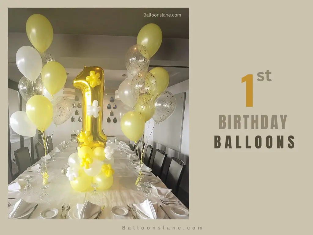 First birthday balloons in yellow, white, and gold with Balloon Delivery in Staten Island.